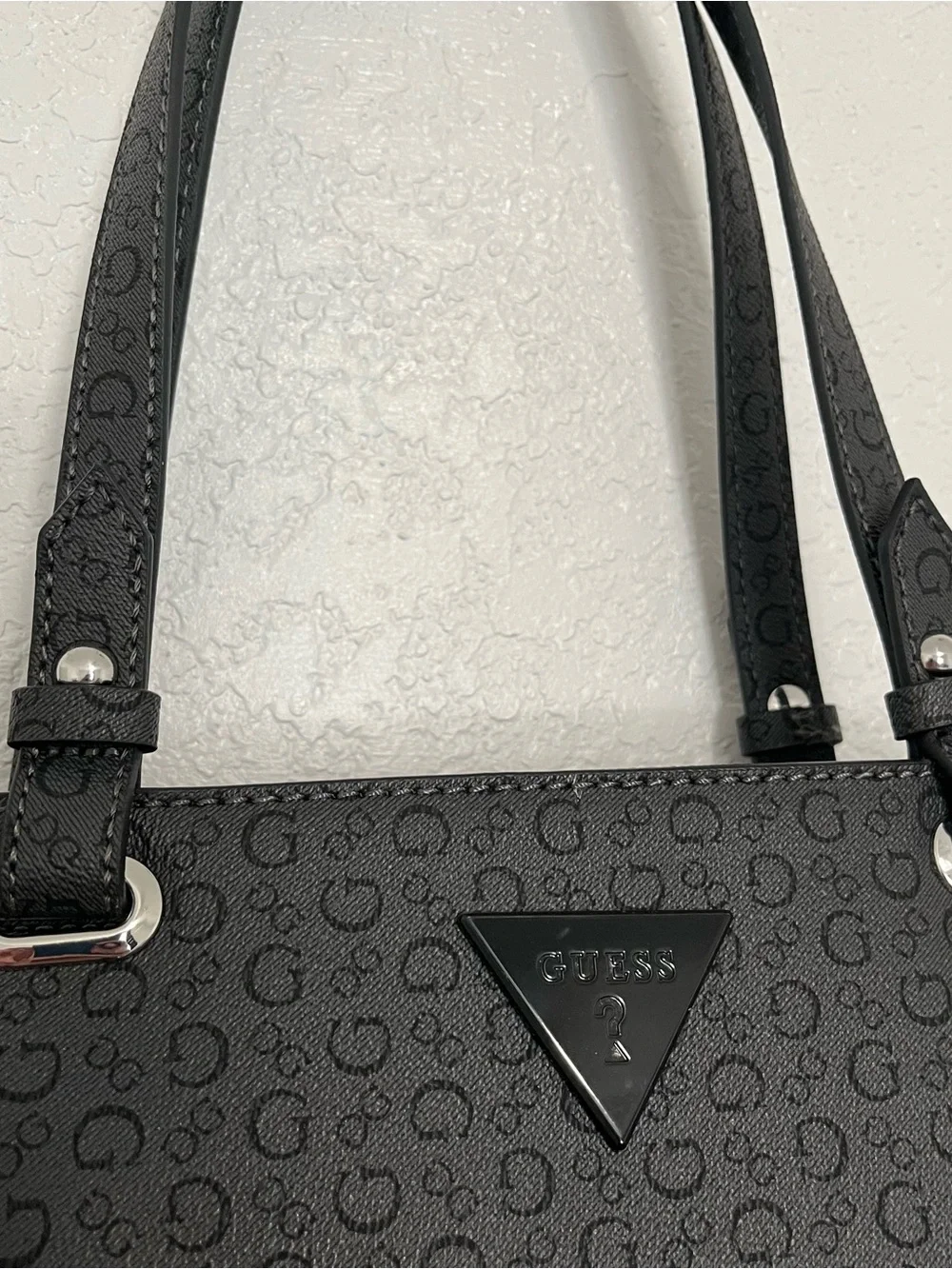 Guess Black Monogram Tote with Triangle Logo Accent